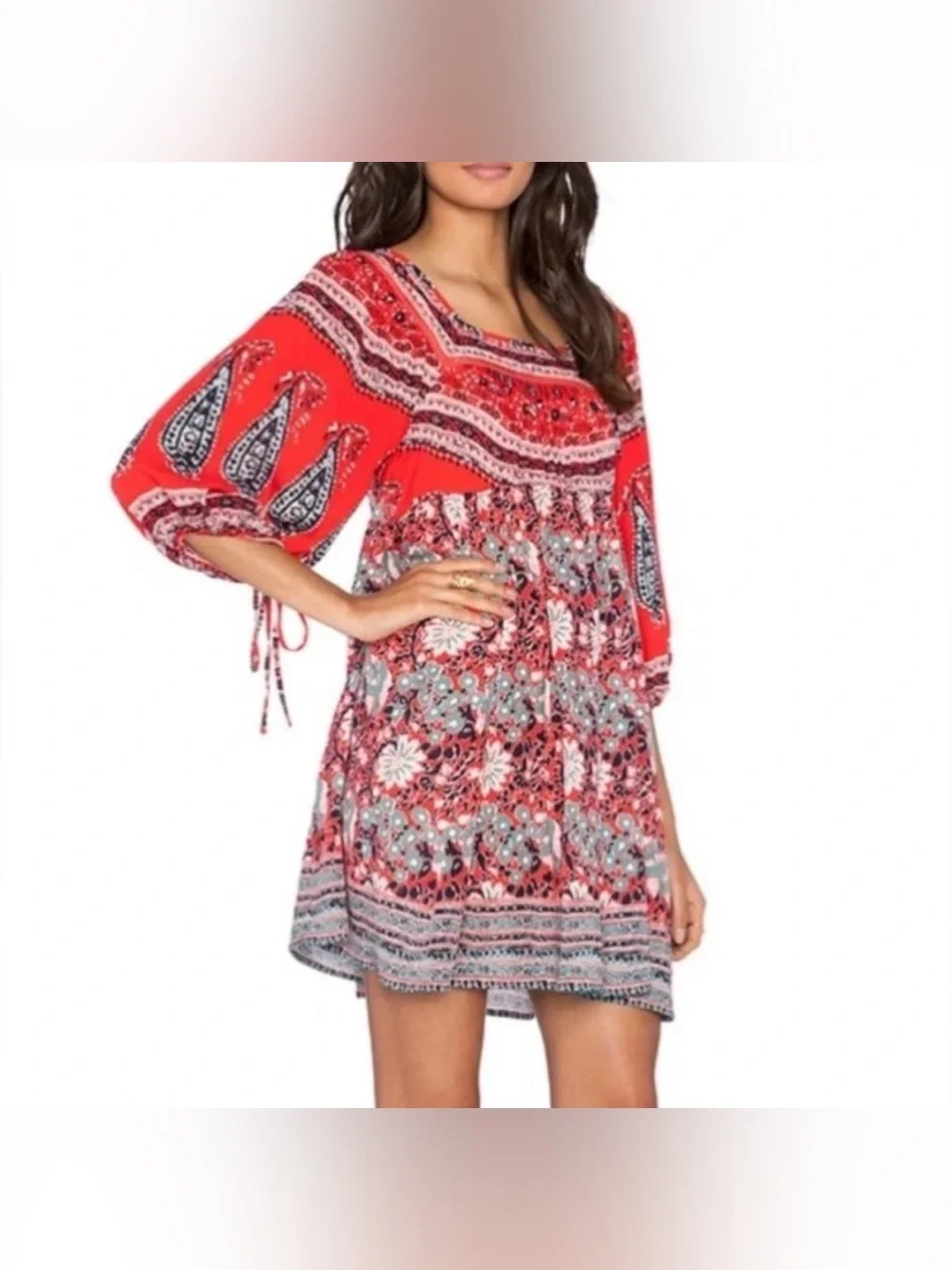 Free People Midsummers Dream Red Floral Boho Mini Dress with Open Back Medium